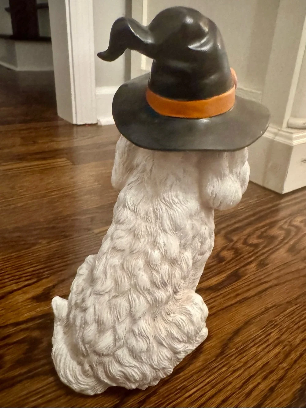 White Maltese Halloween Dog Statue with Black Witch Hat